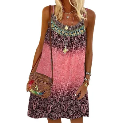 $16.99 • Buy Womens Boho Sleeveless Mini Dress Spaghetti-strap Loose Summer Beach Sundress