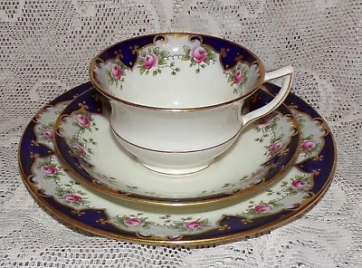£10 • Buy Antique Aynsley Waisted Tea Trio Cobalt & Gilt Pink Rose Swags  Cup Saucer Plate