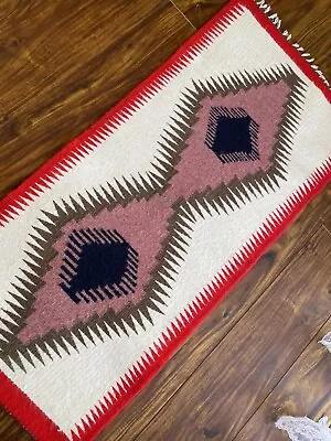 $111 • Buy Vintage Handwoven  Zapotec Wool Weaving Rug 18 X38” With Gorgeous Dynamic Colors