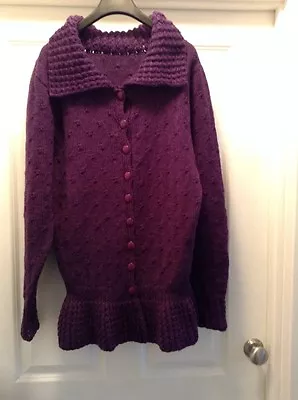 Hand Knitted Wool Cardigan Colour Purple  Button Fastening  Collar & Peplum Hem • £45