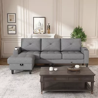 Sectional Reversible Sofa Modern Linen Fabric L-Shaped Couch With Storage Gray • $319.98