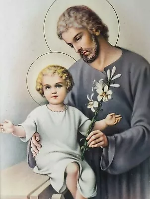 St. Joseph Holds Baby Jesus Vintage Framed Christian Print Framed Lithograph 50s • $40