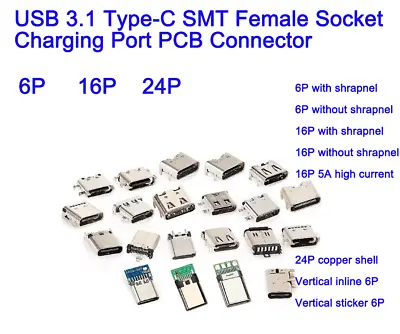 USB 3.1 Type-C SMT Female Socket Charging Port PCB Connector 6Pin 16Pin 24Pin • $40.94