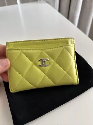 $229 • Buy CHANEL Authentic Lambskin Quilted Flat Classic Card Holder Neon Green