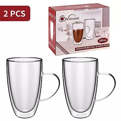Double Wall Glasses Pivano 600ml Clear Coffee Mugs Cups Latte Ice Tea Hot Drinks • £16.95