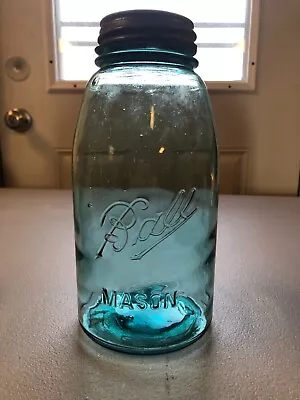 Vintage 1910-1923 Ball  Mason Aqua Blue Jar# 4 Zinc Lid • $12.75