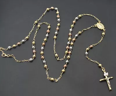 $489 • Buy 10k Solid Yellow Gold Colored Beads Rosary Virgin Mary Jesus Cross Necklace 24 