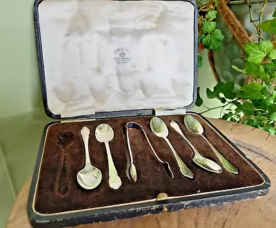 Antique Mappin And Webb Boxed Set Of Sterling Silver Teaspoons With Sugar Tongs • $71.52