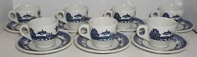 1960s Set Of 7 Buffalo China Blue Willow Restaurant Ware Demitasse Cups Saucers • $39