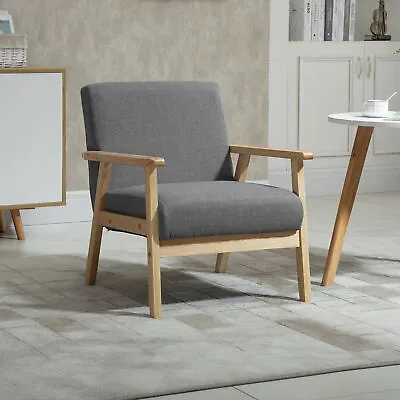 Minimalistic Accent Chair Wood Frame W/ Thick Linen Cushions Wide Seat Armchair • £79.99