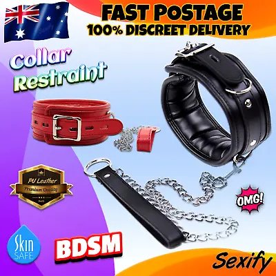 Bondage Collar Leash Metal Chain Restraint Couple BDSM PU Leather Adult Sex Toy • $24.95