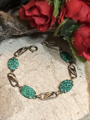 3. Vintage Van Dell 12K Yellow G.F.  Green Jade Handcarved Bracelet 7 1/8  7.3g • $54.99