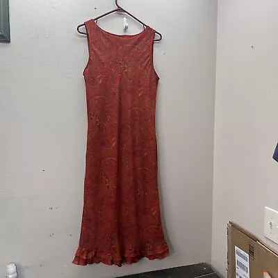 Vintage 90s Size 10 Midi Dress Red Orange Paisley Print Chiffon Midi Ruffle Hem • $18.90