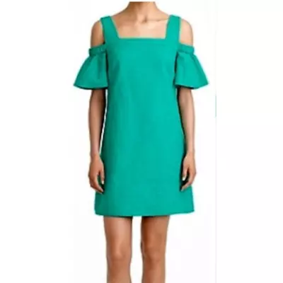 J. Crew Factory Ruffle Cold Shoulder Dress Green Textured Cotton XS • $16