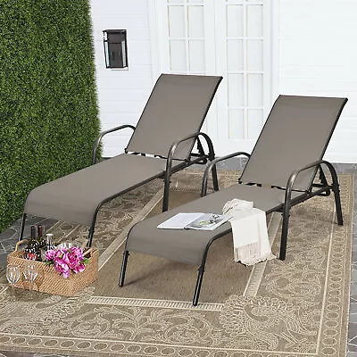 2PCS Adjustable Chaise Lounge Chair Recliner Patio Yard Outdoor W/ Armrest Brown • $158.99
