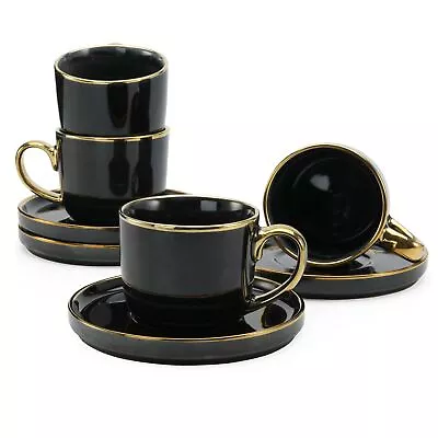 American Atelier Gold Rimmed Teacup And Saucer Set Of 4 7.6 Oz Ceramic • $39.99