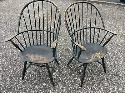 Pair Of D. R. Dimes Painted Sack Back Armchairs With Bamboo Turnings • $1295