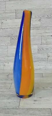 Murano Style Blue Yellow Orange 13  Striped Glass Vase • $55