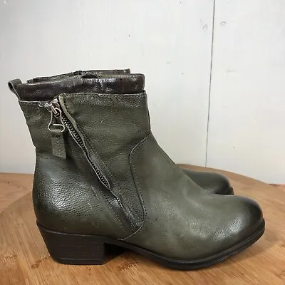 Miz Mooz Boots 38 Womens 7 Wide Green Leather Zip Up Casual Classic Ankle Heel • $59.97