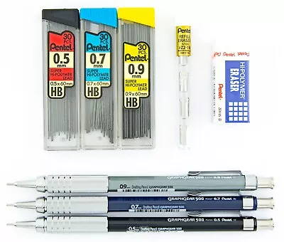 Pentel Graphgear 500 Mechanical Drafting Pencils 0.5 0.7 0.9mm Lead Erasers Lot • $23.95