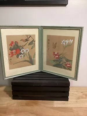 Vintage Pair Original Asian Silk Paintings Bird Butterfly Flowers Framed • $37.60