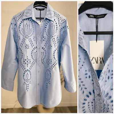 $45 • Buy Zara Front Embroidered Openwork Light Blue Shirt Blouse XS NWT