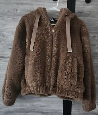 Zara Faux Fur Plush Front Zip Hoodie Teddy Jacket Brown Hooded Size XS • $27