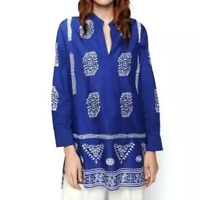 Zara Long Sleeve Cotton Sapphire Blue White Embroidered Tunic Top Size XS NWT • $39.99