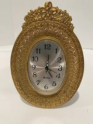 VINTAGE OVAL GOLD TONE BULOVA BEDSIDE TABLE ALARM CLOCK 6.5  X 4.5  • $25