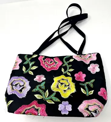 EUC MARLO Black Print Flowers Embroided Handbag Purse Vintage Look Unique • $11.99