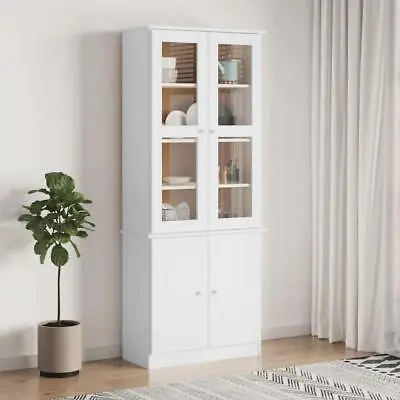White Solid Pine Cabinet Cupboard Tall Display Storage Unit Glass Doors Shelving • £323.95