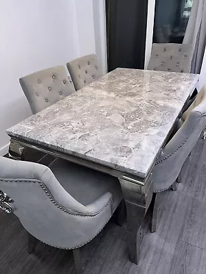 1.6m Louis Grey Marble Table And 6 Grey Velvet Lion Knocker Chairs Dining Set • £265