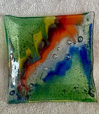 Fused Art Glass Square Candy/Trinket Dish Green Orange Blue Nahariya Style 5.5  • $12