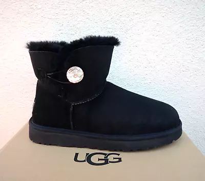 Ugg Black Mini Bailey Button Bling Suede Sheepskin Boots Women Us 6/ Eur 37 New • $149.95