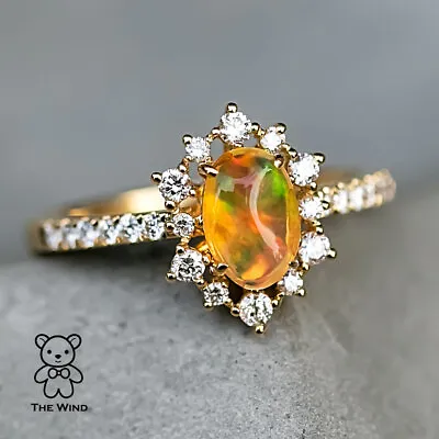 Stunning Rainbow Colored Mexican Fire Opal Halo Diamond Engagement Ring 18K Gold • £925.62