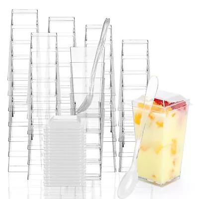 50 Pack 3 Oz Square Mini Dessert Cups With Lids And Spoons Clear Dessert Shoo... • $21.13