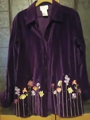 The Quacker Factory Purple Velvet Flower Embroidered Shirt Sz S • $9.99