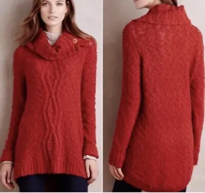 Anthropologie Moth Sweater Womens Small Orange Red Cable- Knit Cowl Neck Tunic • $23.95