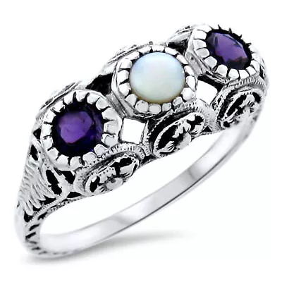 Genuine Amethyst & Pearl 925 Sterling Silver Antique Style Ring Size 9      #914 • $21.99