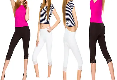 Womens Cropped Leggings Lace Ladies 3/4 Comfy Casual Pants Size 8-26 • £3.99