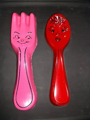 Vintage Chalkware Spoon & Fork Wall Plaques Colorful Kitchen Decor • $29.95
