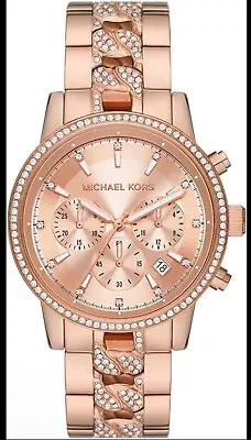 Michael Kors Ritz Womens Pave Glitz Watch Chronograph Rose Gold Band Crystals • $120