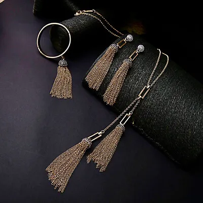 Antique Gold Haute Couture Runway Long Tassel Lariat Fringe Necklace Earrings • $39.50