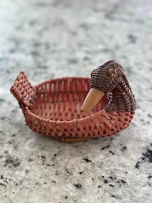 Vintage Wicker Small Duck Shaped Basket With Wooden Beak Two-Tone • $6