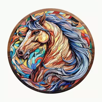 Wooden Horse Jigsaw Puzzle Unique Shapes In Lg Circular Mosaic Design 11  X 11 + • $29.93