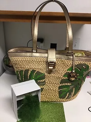 Michael Kors Malibu Palm LARGE Basket Tote+ Pom Pom NWT Beautiful ! NWT • $345