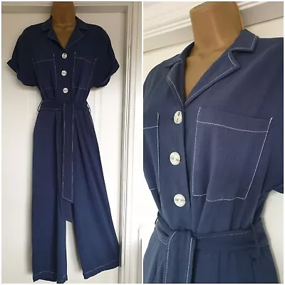 Vintage 1940s Style Wide Cropped Leg Blue Siren Suit Jumpsuit Size UK 16 To 18 • £29