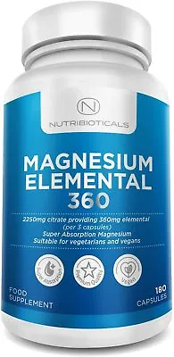 £9.99 • Buy 2250mg Pure Magnesium Citrate Providing Max 360mg Elemental - 180 Vegan Capsules