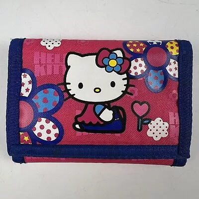 Hello Kitty Wallet Vtg 2003 Nylon Bi Fold Hook Loop Sanrio Smiles Pink Blue Trim • £24.28