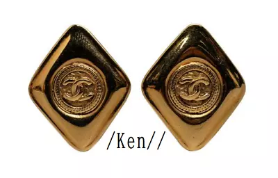 CHANEL Earrings AUTH Coco Logo Mark Vintage Gold Rhombus Rare Old Clip On F/S • £379.96